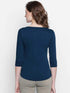 Women Navy Blue 3/4 Sleeves Henley T-Shirt